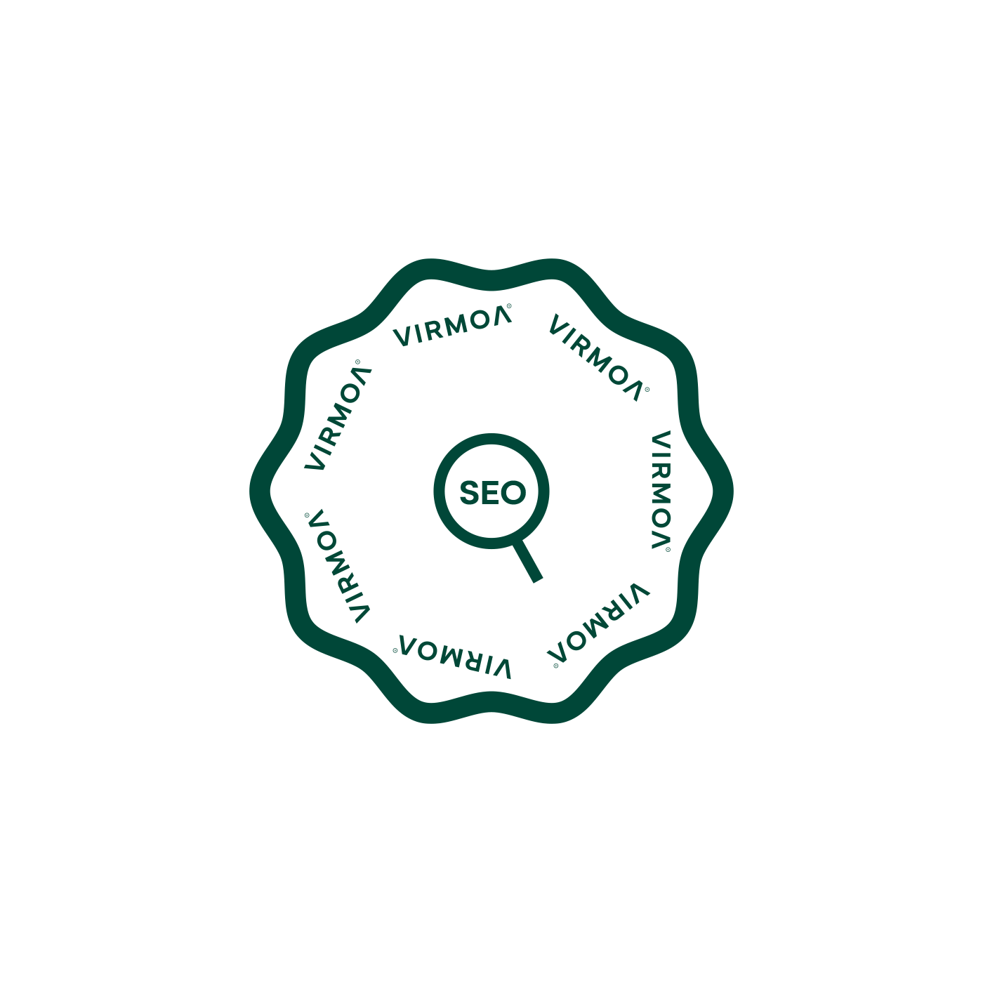 Virmoa SEO services badge with a magnifying glass icon, representing search engine optimization expertise